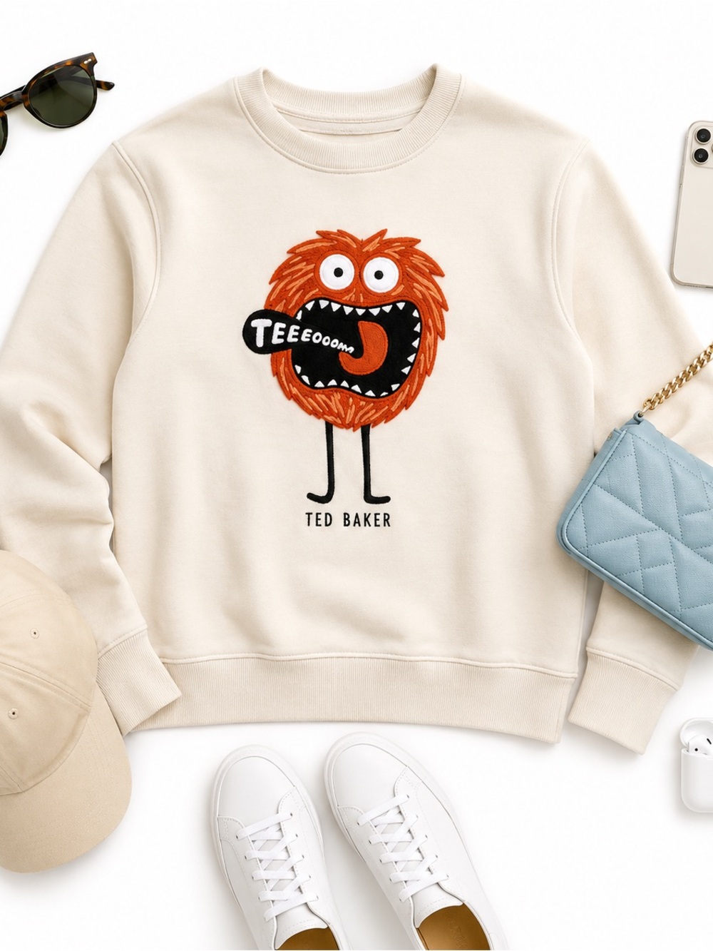 Ted Baker Cream Monster Graphic Sweatshirt Cotton Crewneck Embroidered Size 2 - Picture 14 of 15
